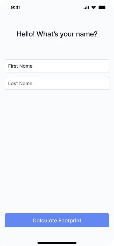 A screen asking for the user’s first and last name