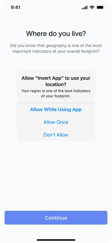 A location permission prompt on the “Where do you live?” screen