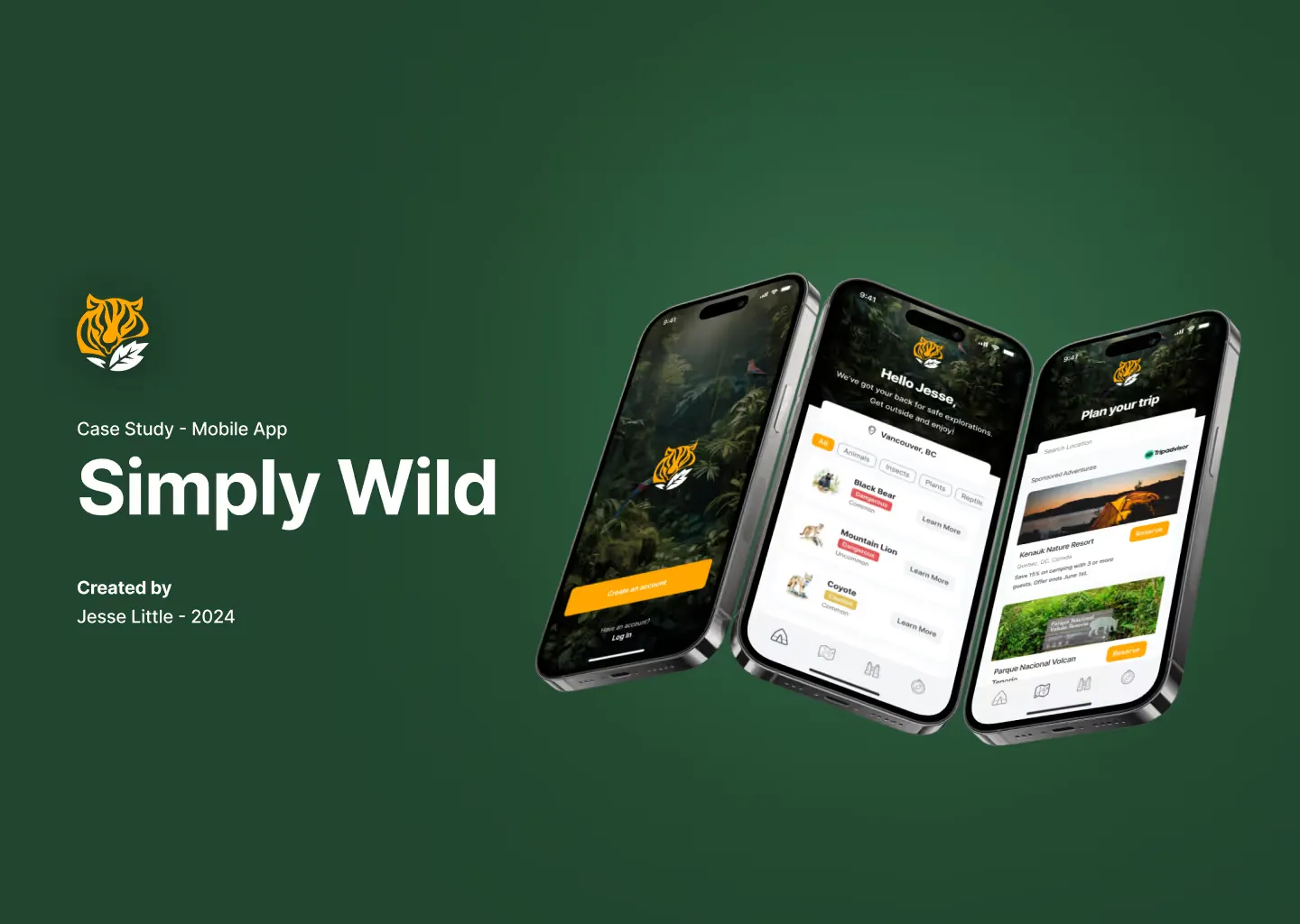 Three screens of the Simply Wild mobile app