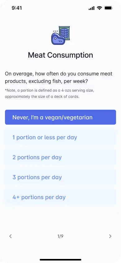 A footprint quiz question asking how often the user eats meat