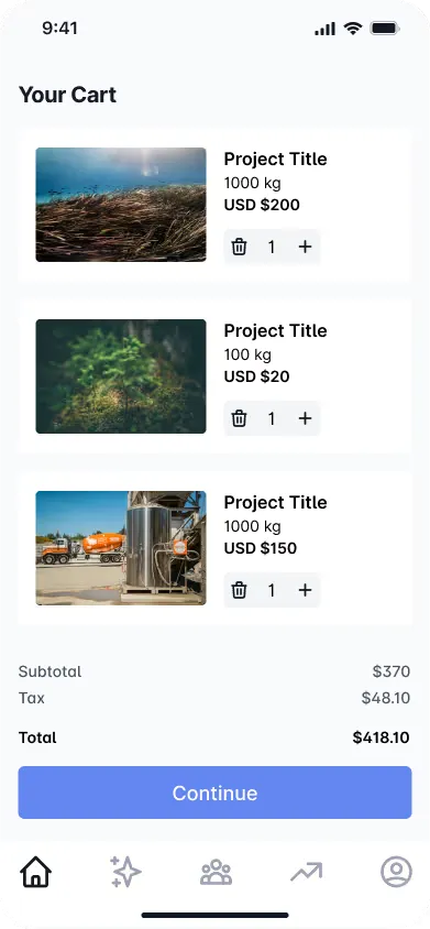 The offset cart listing three carbon projects, each with a quantity control, and a total