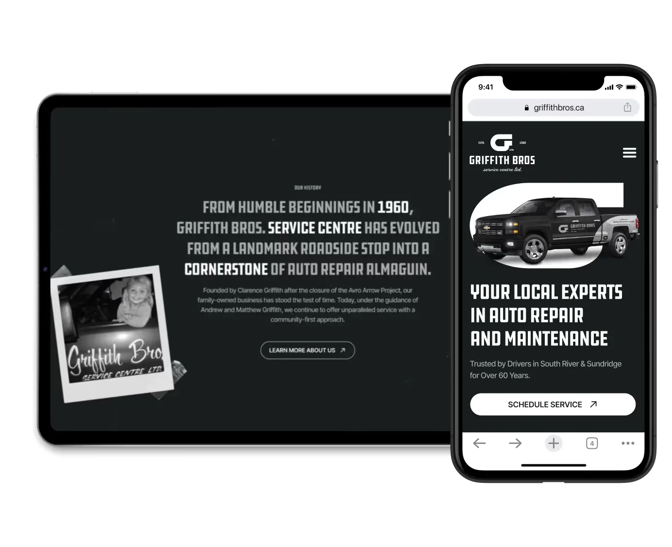 The Griffith Bros. history section on a tablet beside the mobile homepage