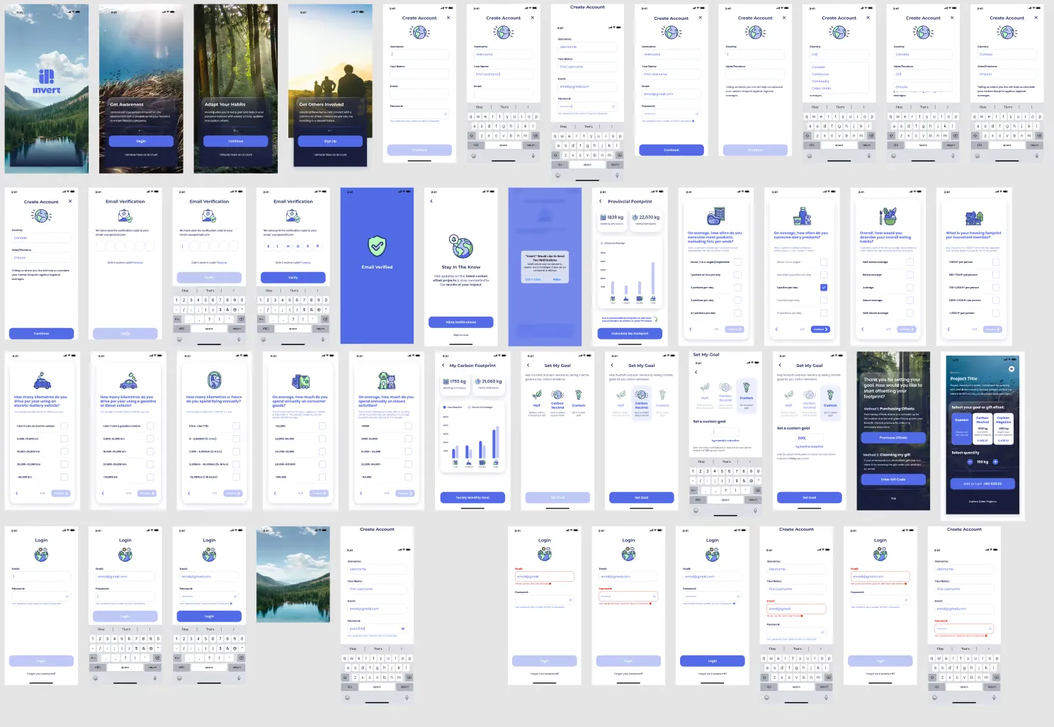 The Invert prototype, covering onboarding, goal tracking and offset purchases